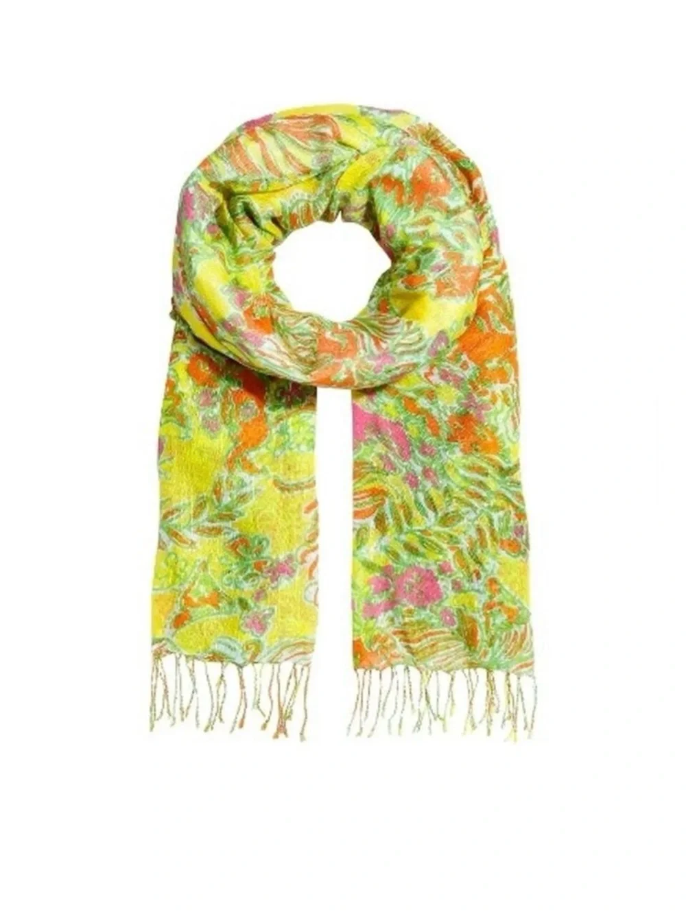 Lilly Pulitzer‎ Floral Scarf Yellow Pink Green Fringe Lightweight Wrap